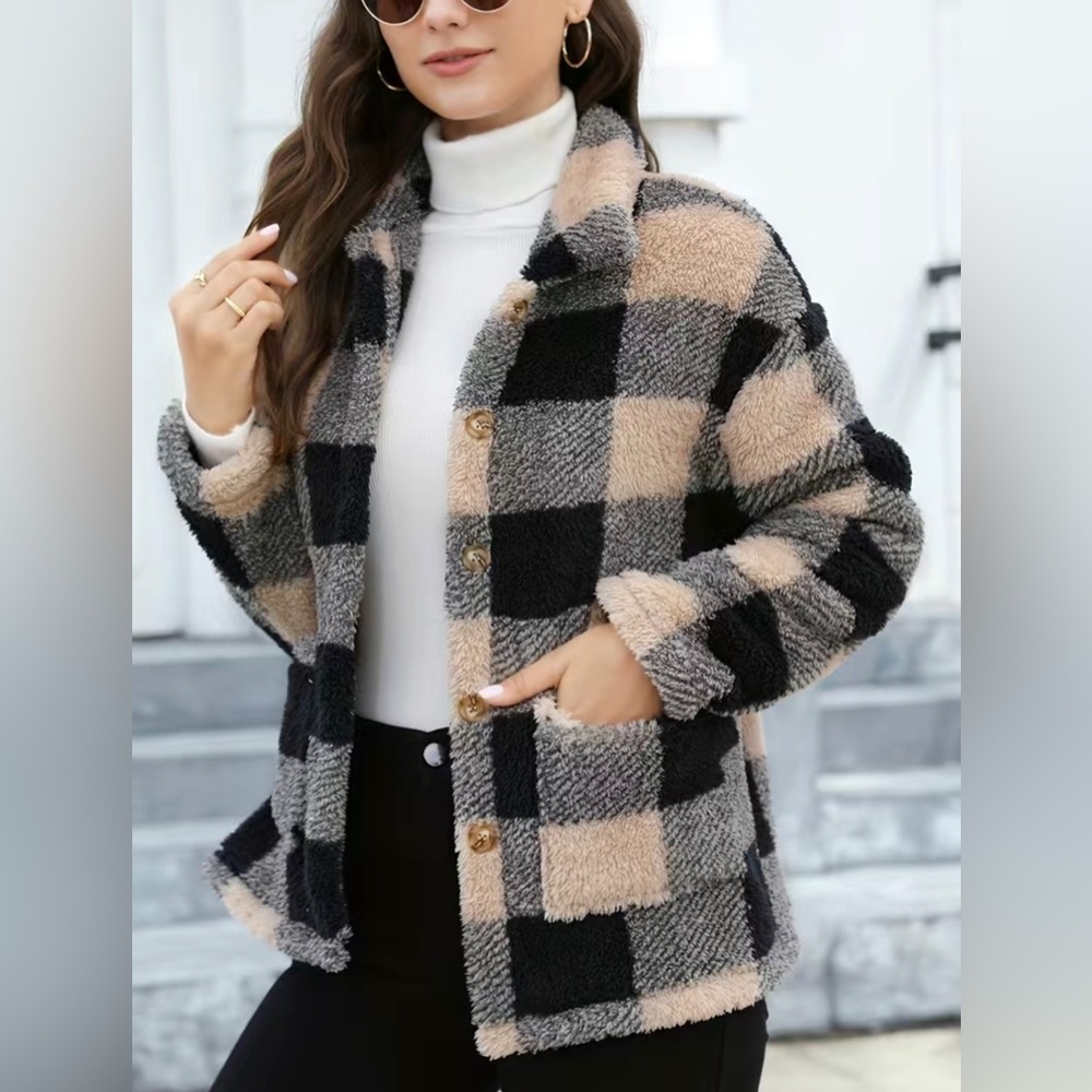Plaid Print Patched Pockets Teddy Coat, Versatile Long Sleeve Single Breasted